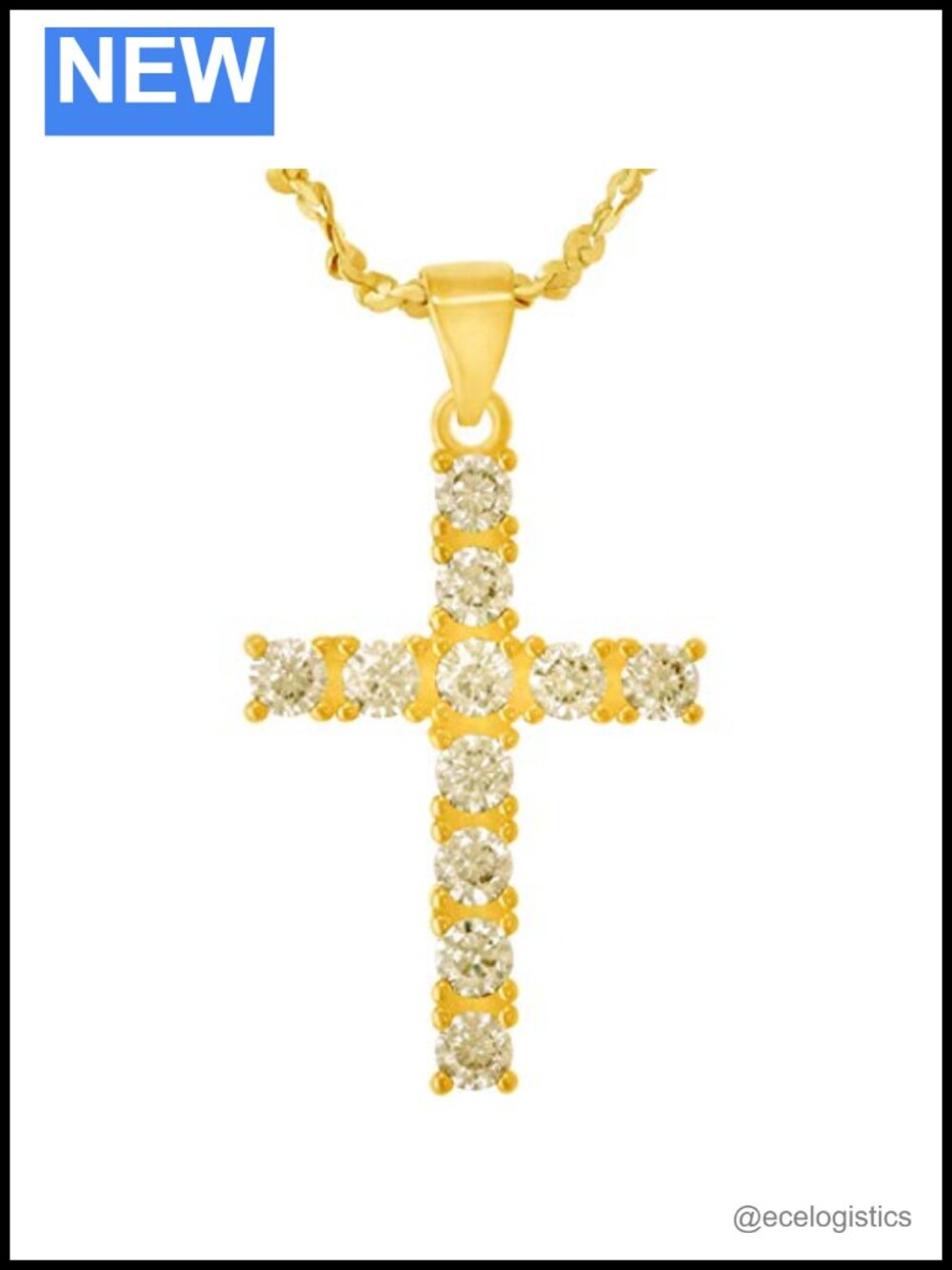 Cubic Zirconia Cross Necklace 24k Gold Plated Religious Pendant